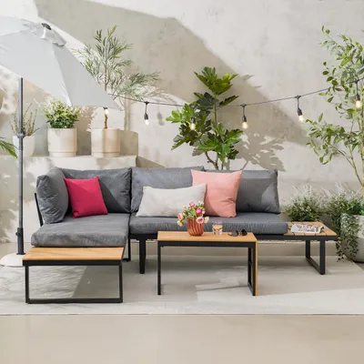 Produktbild von home24 Loungeset - 3-teilig - Polywood / Polyester - Braun / Grau