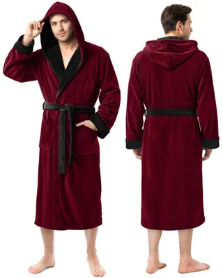 Obrázek produktu pro NY Threads, pánský župan s kapucí – dlouhý župan do koupele (burgundská barva s černými detaily, velikost S/M)