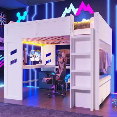 A modern loft bed setup in a gaming-themed room with neon lighting.