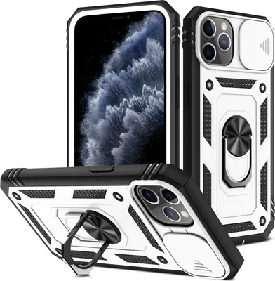 Immagine prodotto di Custodia per iPhone 11 Pro protezione fotocamera scorrevole, resistente agli urti, con supporto ad anello, supporto e portacarte Bianco