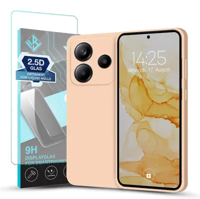 Produktbild von Hülle für Xiaomi Redmi Note 14 5G mit 9H Displayglas Displayschutz Case Cover Bumper Smartphone Softgrip Schutzhülle Farbe: Rosa