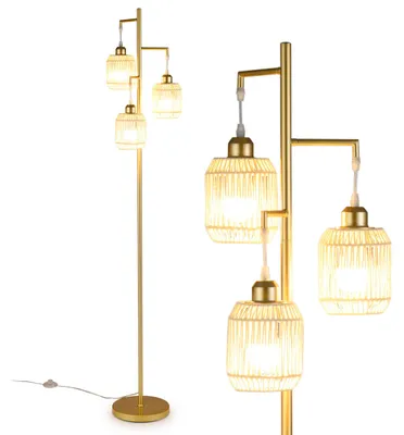 Produktbild von COSTWAY 173 cm Stehlampe, Leselampe mit 3 E27 Fassungen & Fußschalter, Stehleuchte modern mit Käfig Lampenschirm aus Papiergewebe, Standleuchte Gold