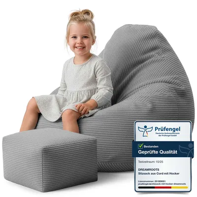 Obrázok produktu pre Dreamroots Bean Bag 70x70x70cm beanbag pre deti s opierkou chrbta a stoličkou a poťahom vankúš na sedenie podlahový chladiaci vak s výplňou Frost Grey