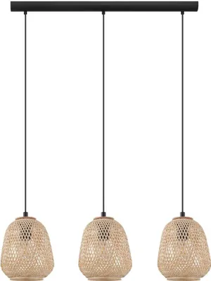 A three-light pendant lamp with woven shades, suspended from a black bar.