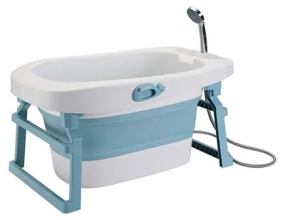 Produktbild von Faltbare Babybadewanne mit Badewannenhocker, Rutschfeste Tragbare Reisedusche für Neugeborene (Blau, 85 x 55 x 47 cm, XL)