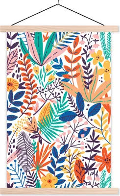 Produktbild von MuchoWow® Textilposter Sommer - Pflanzen - Blätter - Muster 120x180 cm mit holzfarbenen Rahmen - Textil-Plakat