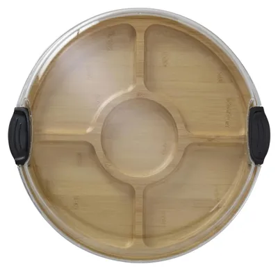 Image de Assiette de service en bambou - Plateau à fromage rotatif - Planche à découper double face - 5 compartiments - Couvercle transparent avec fermeture - 35,5 cm - Marron