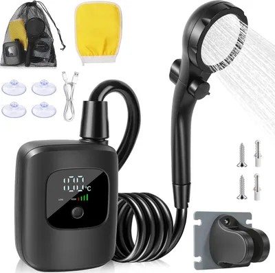 Produktbild von Portable Outdoor Dusche, 2400mAh, Akku, LED Display, einstellbare Wasserstrahlen, vielseitig für Camping, Auto, Haustiere