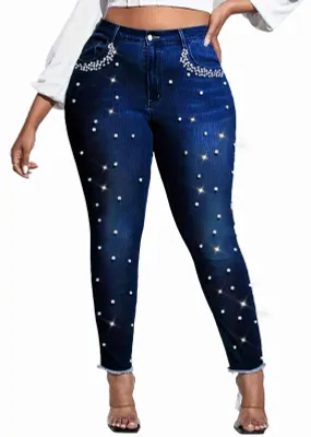 Produktbild von Ladyful Damen Skinny Jeans Klassische Mid Waist Stretchy Denim Hose mit Perlen S