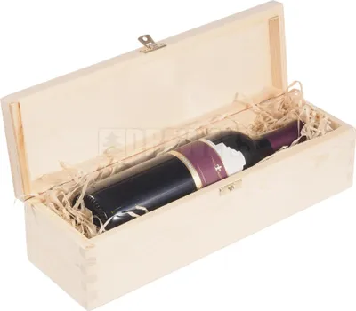 A wooden box with a wine bottle inside.