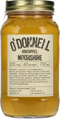 A glass jar of O'Donnell Moonshine Bratapfel.