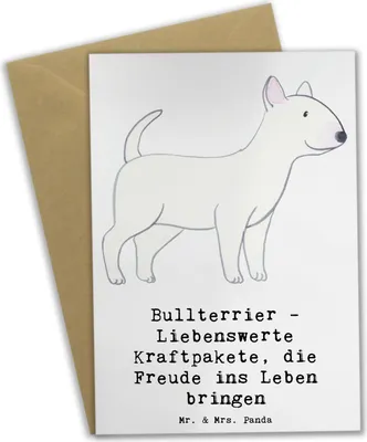 Produktbild von Mr. & Mrs. Panda Grußkarte Bullterrier Kraftpaket - Weiß - Geschenk, weihnachtskarten, freundliche Hunde, einladungskarten, Hunderassen Beschreibung, Glück, Energie