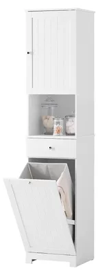 Produktbild von Badezimmerschrank mit Wäschekorb, schmaler Hochschrank mit Schublade, offenem Fach und verstellbarem Regalboden, Badmöbel 40x38x180cm für kleine Badezimmer und feuchte Räume