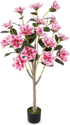 Zdjęcie produktu dla 130 cm sztuczna roślina w doniczce, drzewo magnolii z wieloramiennym pniem i eleganckimi liśćmi PEVA, z bardzo realistycznym mchem, różowe
