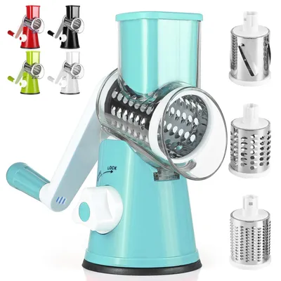 Produktbild von Käsereibe mit Kurbel, Gemüseschneider mit 3 Edelstahl Austauschbaren Trommelklingen, Manuelle Trommelreibe, Gemüsehobel, Starke Saugwirkung, Ideal für Gurken, Käse, Nüsse, Karotten, Blau