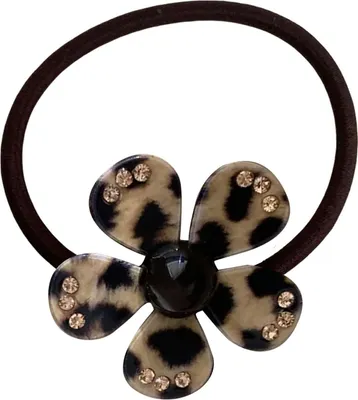 Produktbild von Haargummi mit perliger Blume im Leopardenmuster beige