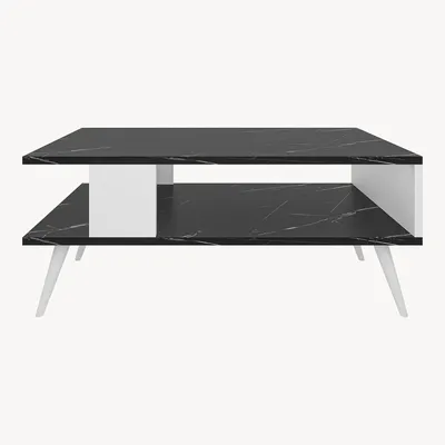 Produktbild von Couchtisch Lycksele Beistelltisch Wohnzimmertisch mit Stauraum rechteckig schwarze Marmor-Optik Weiß mit unterer Ablage Sofatisch