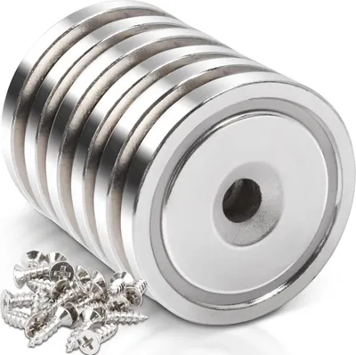 Produktbild von Neodym-Magnete mit Loch - Super starke Magnete 45 kg Kraft 36 x 7 mm - Für Küche und Badezimmer - Inklusive Schrauben - Neodym Topfmagnet mit versenktem Kopf