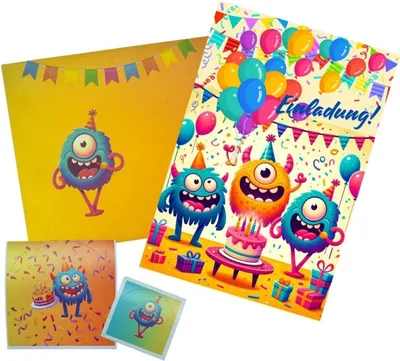 Produktbild von Kindergeburtstag Einladungskarten Set, 10 Karten, 10 Enveloppen, 30 Sticker für die Feier