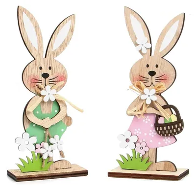 2 Holz-Osterhasen, Tischdeko, 8x19x4,7 cm, mit Standfuß