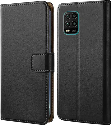A black flip case for a smartphone is shown from the front and back.