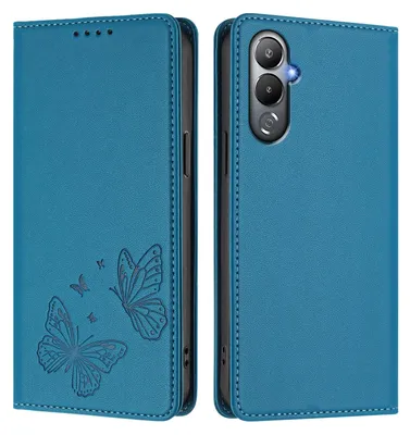 Produktbild von Lederhülle für Tecno Pova 4, Schmetterling Prägung Leder Brieftasche Schutzhülle mit Ständer Blau