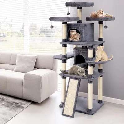 Immagine prodotto di Albero per gatti - Altezza 170 cm - Grigio - Con pali in sisal e casette per gatti e gattini