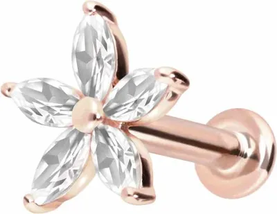 Produktbild von Ohrpiercing, Nasenpiercing 14 Karat Gold Labret mit Innengewinde MOISSANIT-BLUME 14 Karat | RoséGold Stablänge: 6mm - Stabstärke: 1,2mm