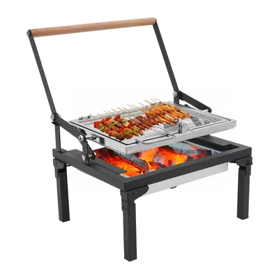 Zdjęcie produktu dla Grill turystyczny, stacjonarny grill, składany grill węglowy, przenośny grill kempingowy z rusztem obrotowym o 360 stopni