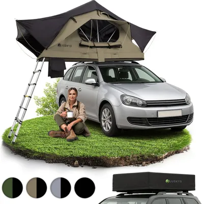 Produktbild von Juskys Autodachzelt Lago 120 x 210 cm - Wetterbeständig mit Leiter - Schwarz / Khaki