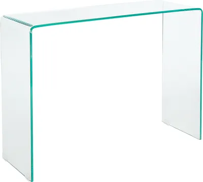 A clear studio shot of a transparent glass console table against a white background.