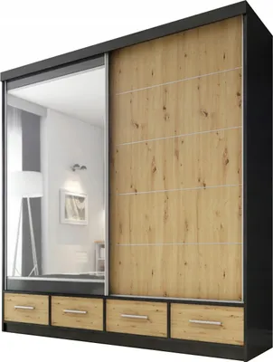 Produktbild von Moderner Schiebeschrank mit Spiegel für Schlafzimmer David 200 cm, Korpus Schwarz, Fronten Eiche Artisan