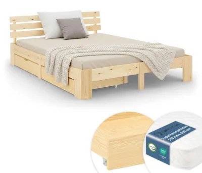 Image de Lit double en bois 140x200 avec matelas à ressorts et 2 tiroirs naturelle pin Cadre de lit en bois massif sommier à lattes