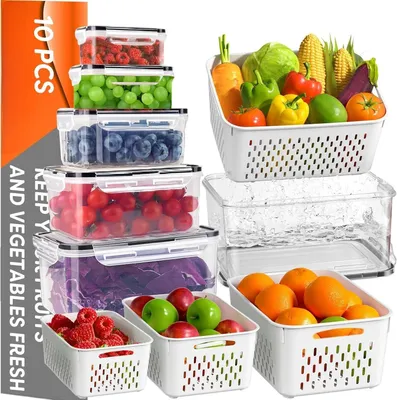Image de 10 boîtes de fruits et légumes pour le réfrigérateur, avec un tamis