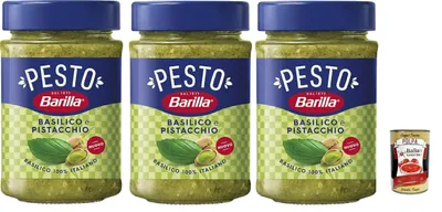 Produktbild von Barilla Pesto Basilikum & Pistazie – intensiver Geschmack aus 100% italienischem Basilikum – 3 Gläser für Pasta, Bruschetta & Salate – ohne künstliche Zusätze – + Italian Gourmet polpa