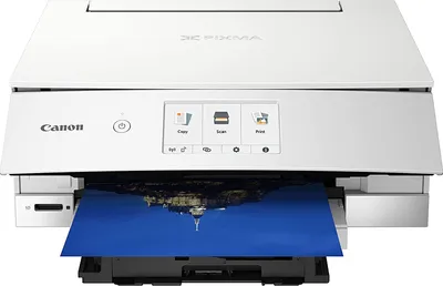 A white Canon PIXMA TS8351a printer is shown from the front, printing a photograph.