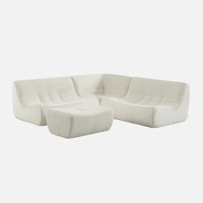 Produktbild von sweeek - Modulares 5-Sitzer Ecksofa mit 5 Cordbezug und Hocker - Creme