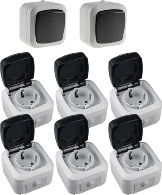 Produktbild von Feuchtraum Wechselschalter Steckdosen IP44 250V AC Aufputz Set 8 teilig