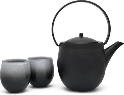 Obrázek produktu pro Litinová konvice na čaj, černá, 12 litrů, se 2 porcelánovými šálky – na přípravu sypaného čaje