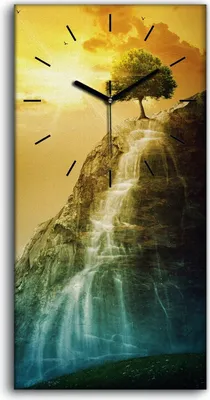 Produktbild von Dekor Leinwand Uhr Wandbilder Geräuschlos 30x60 Landschaft Wasserfall Baum - schwarze Hände