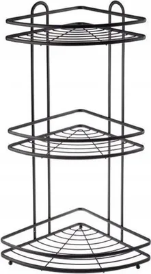 A black, three-tiered corner shelf unit, likely for a shower or bathroom, against a white background.