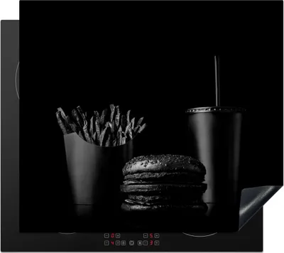 Produktbild von KitchenYeah© Herdabdeckplatte Fastfood-Mahlzeit mit Burger und Pommes frites in Schwarz-Weiß , 58x51cm, Küche Deko, Glaskeramikkochfeld Herdabdeckung, Abdeckplatte fùr Kochfeld