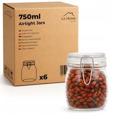Zdjęcie produktu dla Słoiki szklane 750 ml z klipsem, zestaw 6 szt. – słój na przetwory z zamknięciem pałąkowym i uszczelką, pojemnik na miód, owsiankę, przyprawy