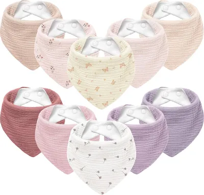 Immagine prodotto di Bavaglini triangolari in mussola per neonati, adatti a bambini e bambine - Set di 10 bavaglini regolabili - Rosa - Lilla