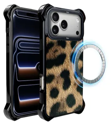 Produktbild von Schutzhülle für das iPhone 17 Pro, MagSafe-kompatibel, verstärkte Ecken, schwarz, Leopardenmuster