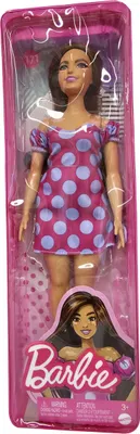 Obrázok produktu pre Bábika Barbie Fashionistas v bodkovaných šatách, fialová kabelka, dlhé hnedé vlasy, Mattel GRB62