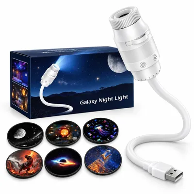 Produktbild von Sternenprojektor Nachtlicht USB Projektionslampe mit 6 Motivscheiben RGB Farbwechsel und separatem Nachtlicht
