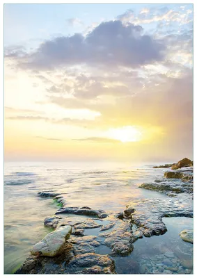 Produktbild von Wallario Premium Glasbild, freischwebende Optik, kräftige Farben, Größe 100 x 70 cm Motiv Sonnenuntergang über dem Meer