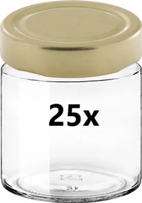 A clear glass jar with a gold lid, with the text '25x' printed on the front.