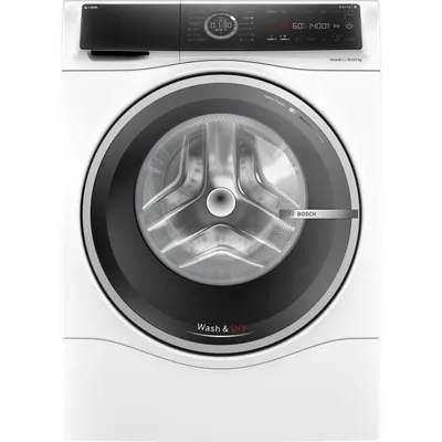 Front view of a white washing machine with a black control panel and door.